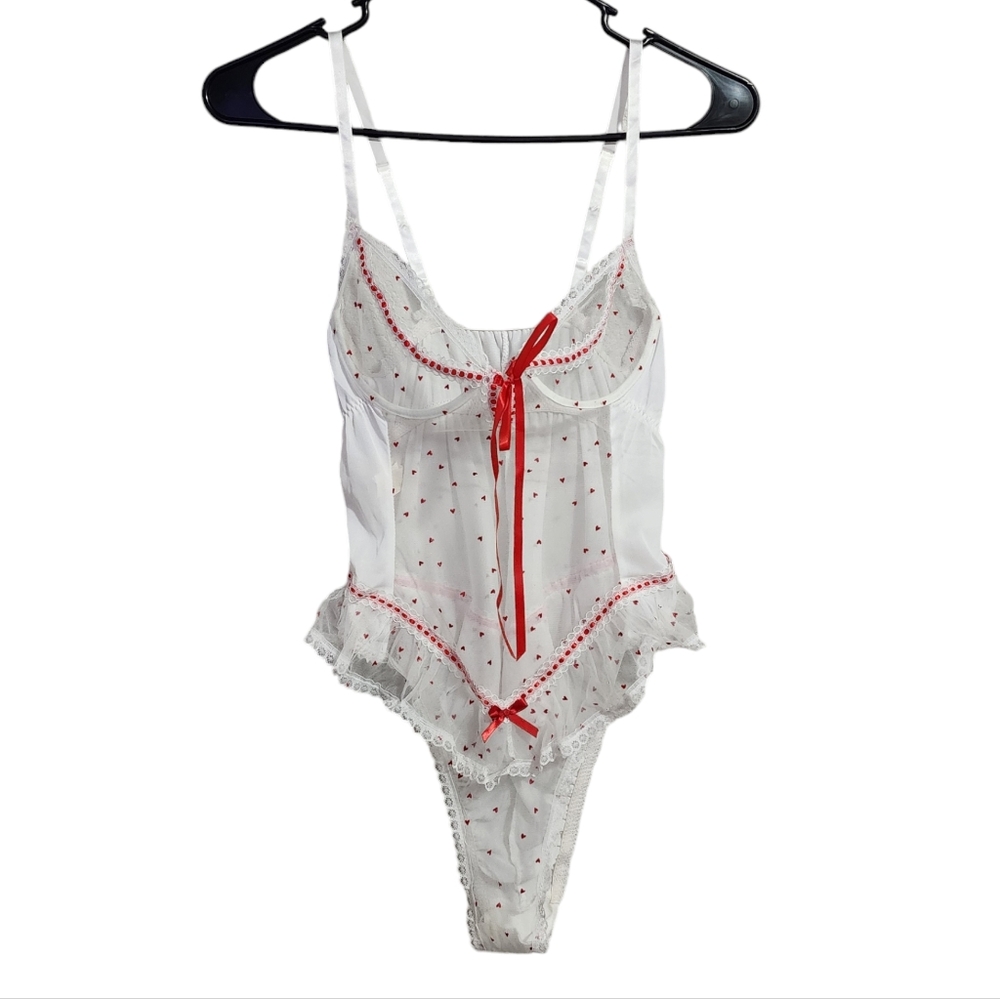 E BOLE x‎ VINTAGE 80s white red sheer bow tie bodysuit top USA MADE Size M